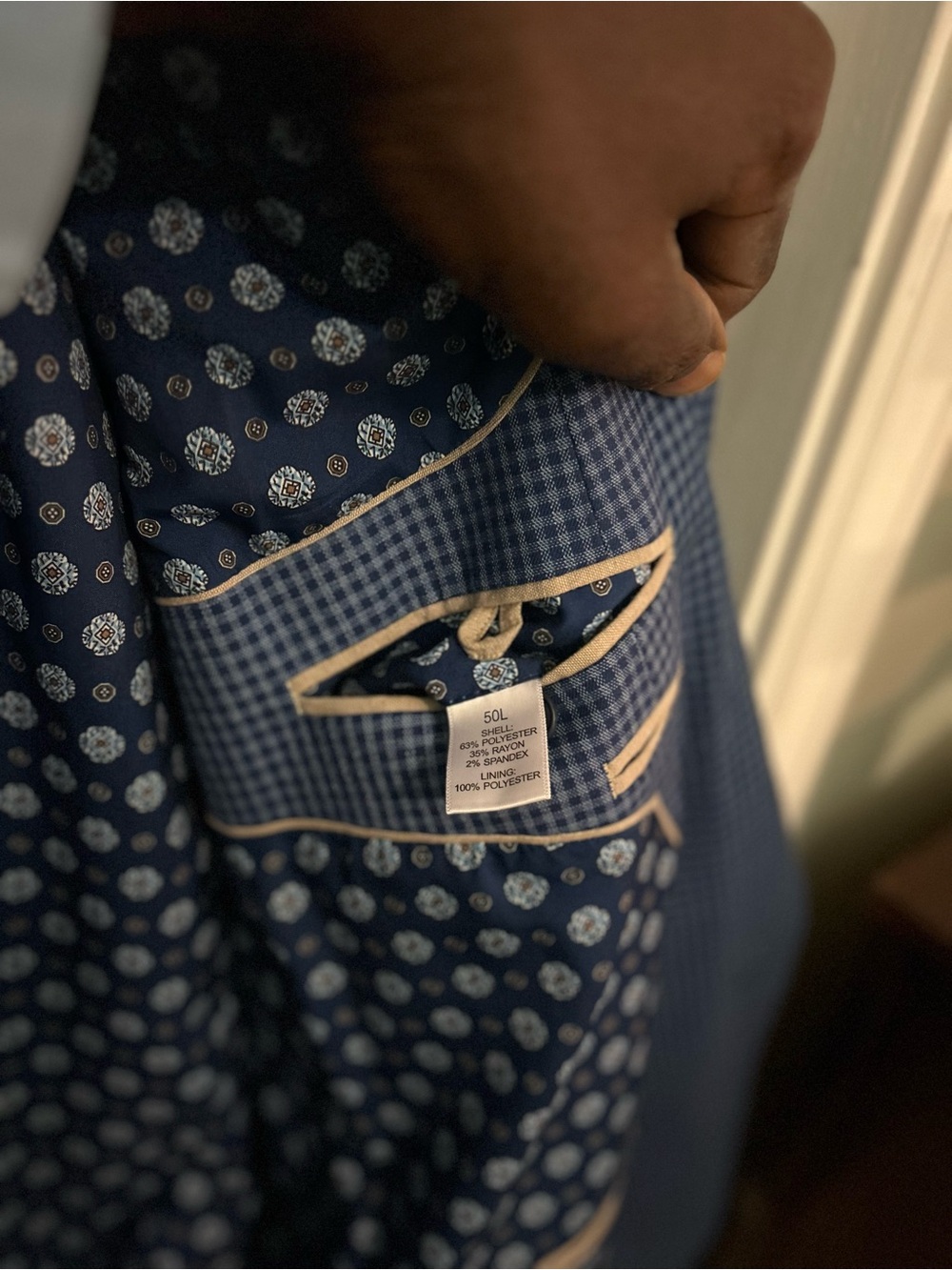 crown & ivy Navy Blue Patterned Sport Coat with Contrast Trim